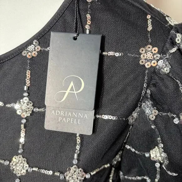Adrianna Papell Beaded Mesh Top Black Sequin Puff Sleeve Sheer Blouse NWT Sz L - Picture 10 of 10